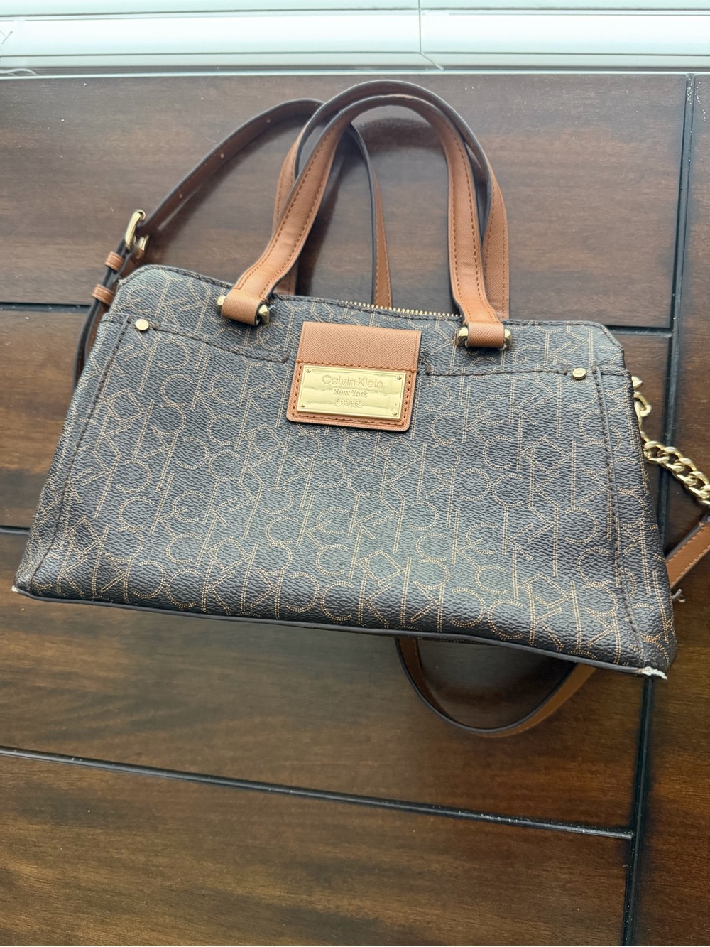 Calvin Klein Brown Monogram Satchel with Tan Trim